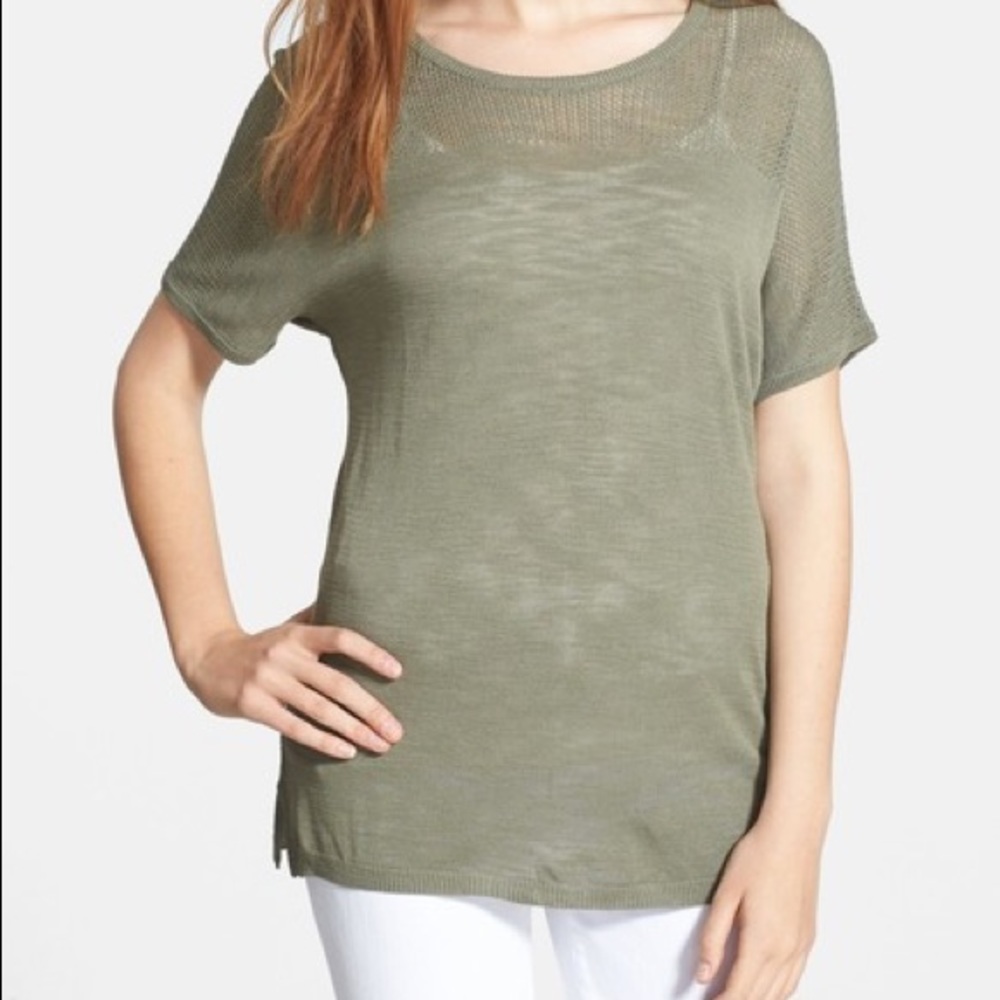 NYDJ Mesh Yoke Short Sleeve Sweater Fennel NWT